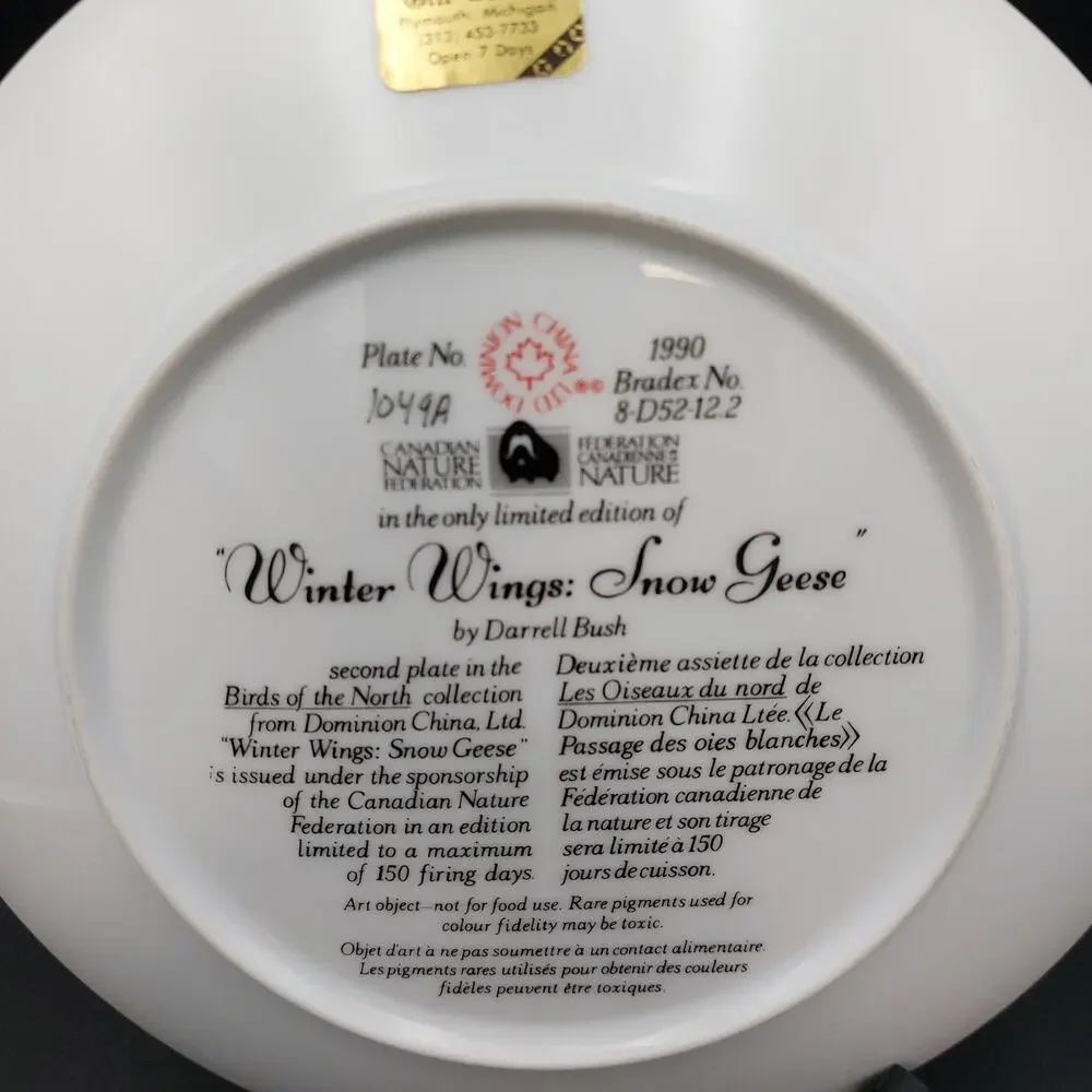 1990 Dominion China Plate Winter Wings Snow Geese Darrell Bush Bradex 8-D52-12.2